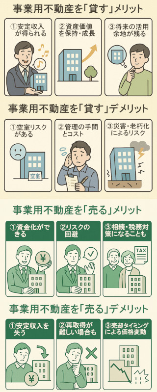 事業用不動産を「貸す」か「売る」か?メリット・デメリットを徹底比較!